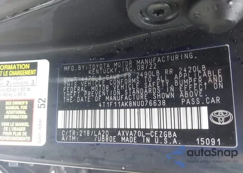 2022 Toyota Camry Xle из США, поврежденный, VIN 4T1F11AK8NU076638